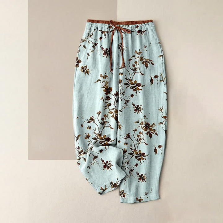 Buddha Stones Pantalones de mujer de algodón puro con estampado retro de flores y ramas, cintura elástica y bolsillos. - Cian claro - US16，UK/AU20，EU48 (3XL) - image 3