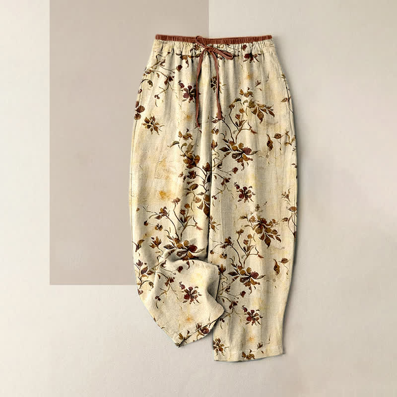 Buddha Stones Pantalones de mujer de algodón puro con estampado retro de flores y ramas, cintura elástica y bolsillos. - Limón Chiffon - US16，UK/AU20，EU48 (3XL) - image 0