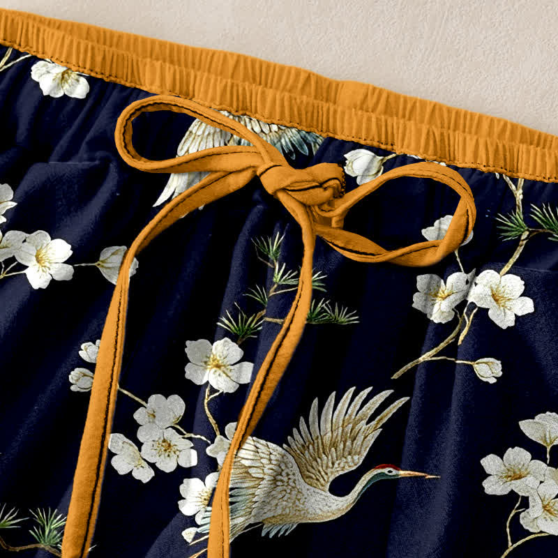 Buddha Stones Pantalones de mujer de algodón puro con estampado de grullas y flores de ciruelo, cintura elástica y bolsillos. - image 1