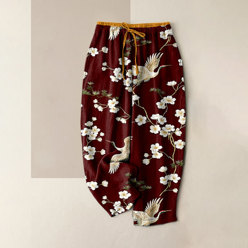 Buddha Stones Pantalones de mujer de algodón puro con estampado de grullas y flores de ciruelo, cintura elástica y bolsillos. - Marrón silla de montar - US16，UK/AU20，EU48 (3XL) - image 8