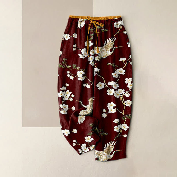 Buddha Stones Pantalones de mujer de algodón puro con estampado de grullas y flores de ciruelo, cintura elástica y bolsillos. - Marrón silla de montar - US16，UK/AU20，EU48 (3XL) - image 8