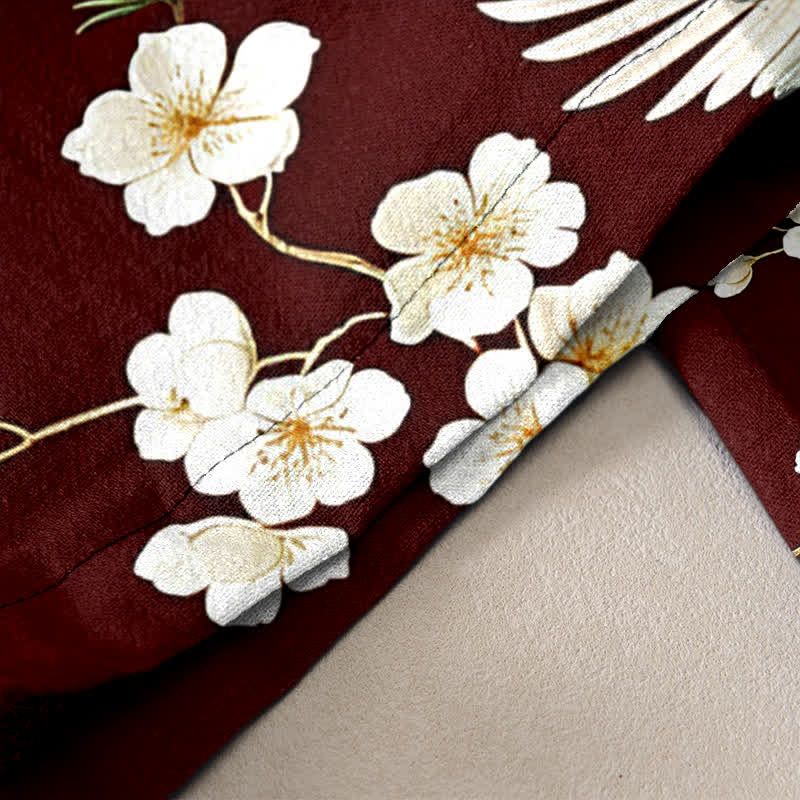 Buddha Stones Pantalones de mujer de algodón puro con estampado de grullas y flores de ciruelo, cintura elástica y bolsillos. - image 10