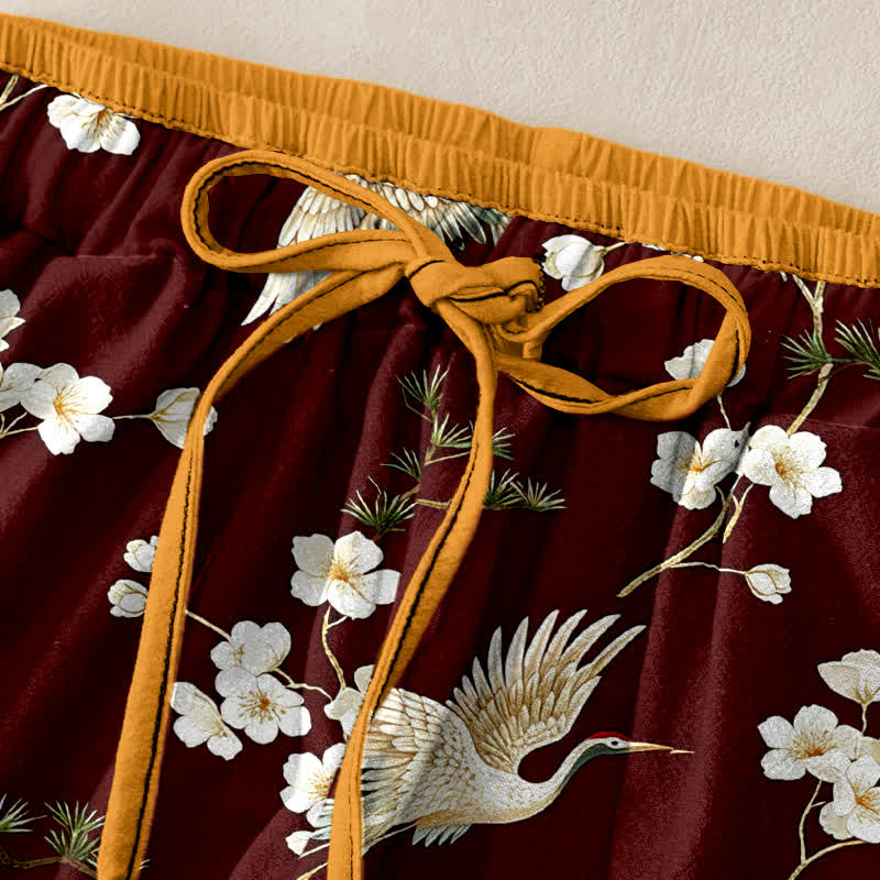 Buddha Stones Pantalones de mujer de algodón puro con estampado de grullas y flores de ciruelo, cintura elástica y bolsillos. - image 9