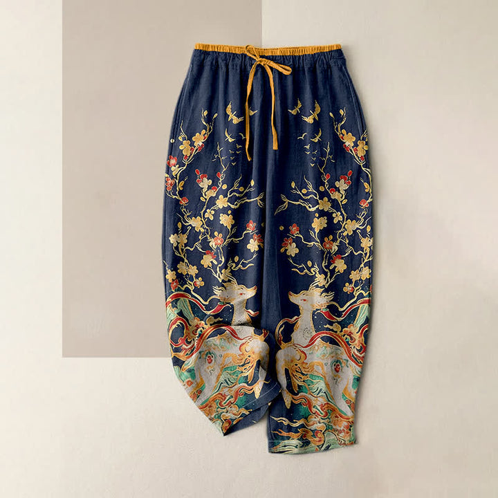 Buddha Stones Pantalones de mujer de algodón puro con estampado de flores de ciruelo y ciervos, con cordón ajustable y bolsillos. - Azul medianoche - US16，UK/AU20，EU48 (3XL) - image 0