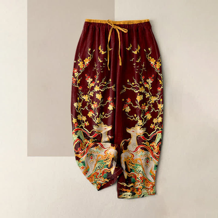 Buddha Stones Pantalones de mujer de algodón puro con estampado de flores de ciruelo y ciervos, con cordón ajustable y bolsillos. - Granate - US16，UK/AU20，EU48 (3XL) - image 6