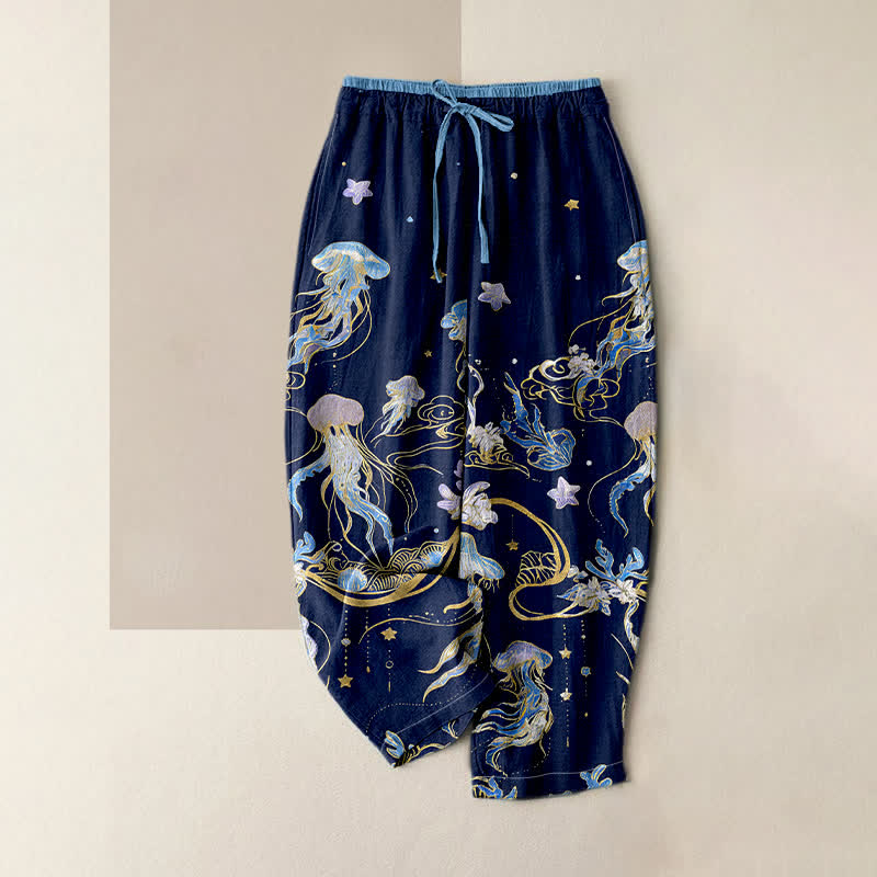 Buddha Stones Pantalones de mujer de algodón puro con cintura elástica y estampado de medusas, con bolsillos. - Marina de guerra - US16，UK/AU20，EU48 (3XL) - image 0