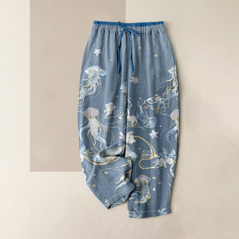 Buddha Stones Pantalones de mujer de algodón puro con cintura elástica y estampado de medusas, con bolsillos. - Azul acero claro - US16，UK/AU20，EU48 (3XL) - image 6