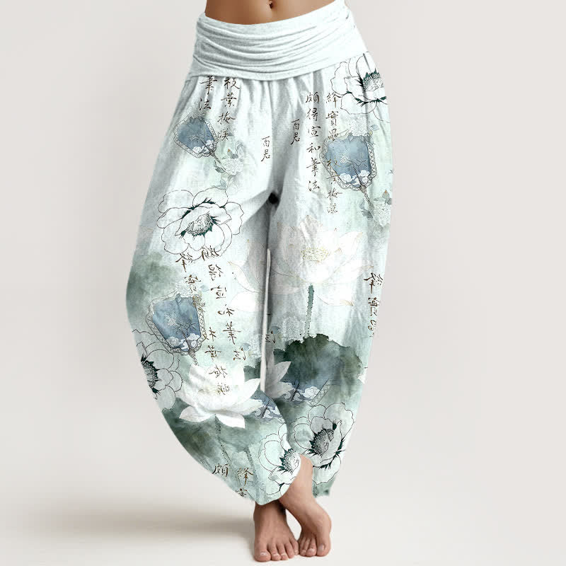Buddha Stones Pantalones harem de mujer con cintura elástica y estampado de flores de loto en algodón puro. - Cian claro - US16，UK/AU20，EU48 (3XL) - image 0