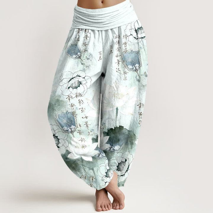 Buddha Stones Pantalones harem de mujer con cintura elástica y estampado de flores de loto en algodón puro. - Cian claro - US16，UK/AU20，EU48 (3XL) - image 0