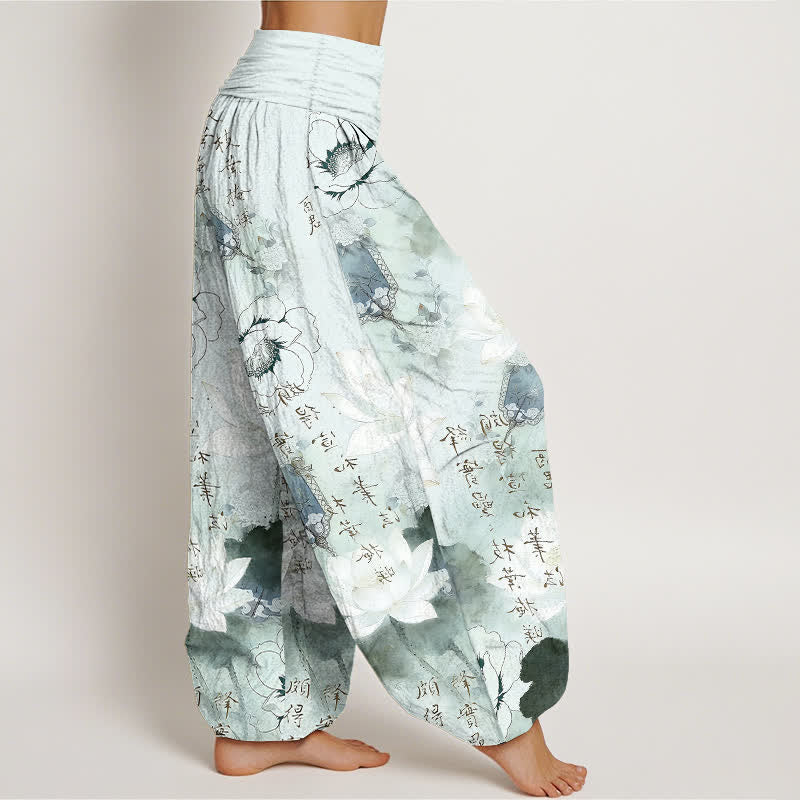 Buddha Stones Pantalones harem de mujer con cintura elástica y estampado de flores de loto en algodón puro. - image 2