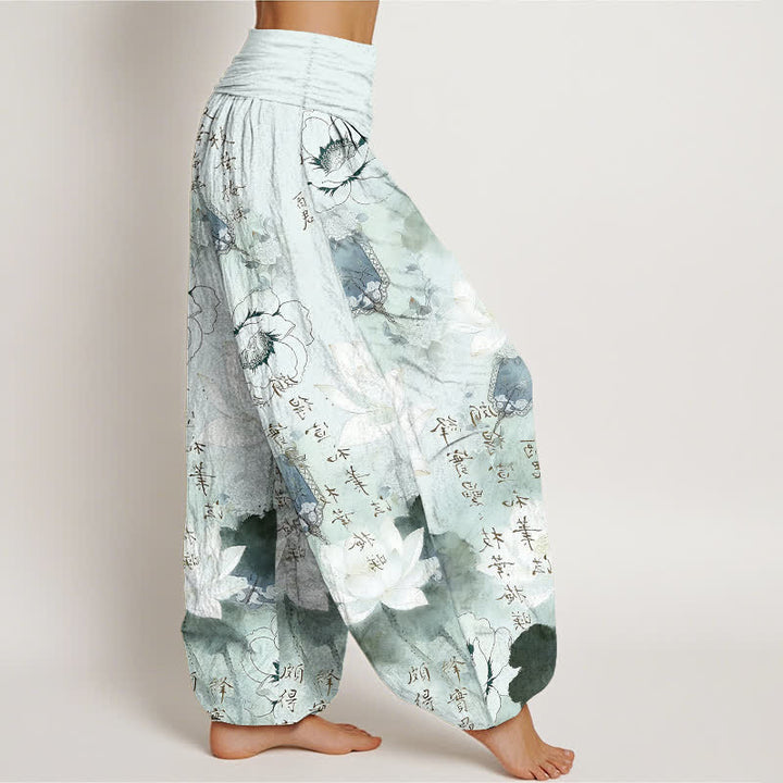Buddha Stones Pantalones harem de mujer con cintura elástica y estampado de flores de loto en algodón puro. - image 2