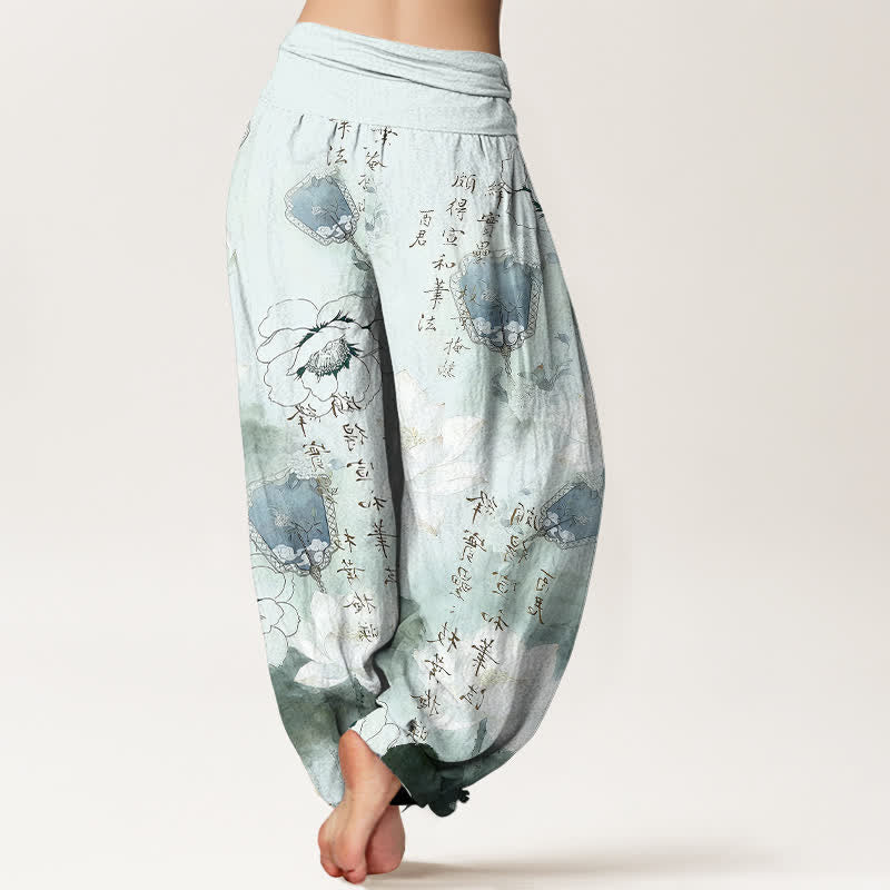 Buddha Stones Pantalones harem de mujer con cintura elástica y estampado de flores de loto en algodón puro. - image 1