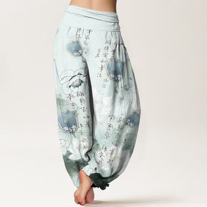 Buddha Stones Pantalones harem de mujer con cintura elástica y estampado de flores de loto en algodón puro. - image 1