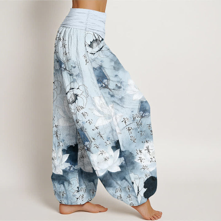 Buddha Stones Pantalones harem de mujer con cintura elástica y estampado de flores de loto en algodón puro. - image 7