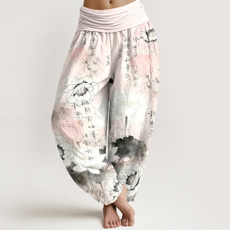 Buddha Stones Pantalones harem de mujer con cintura elástica y estampado de flores de loto en algodón puro. - Rubor lavanda - US16，UK/AU20，EU48 (3XL) - image 8