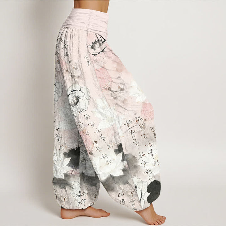 Buddha Stones Pantalones harem de mujer con cintura elástica y estampado de flores de loto en algodón puro. - image 10