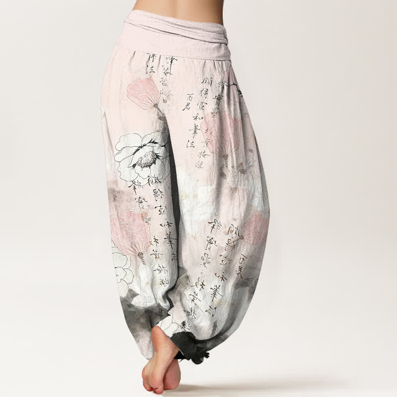 Buddha Stones Pantalones harem de mujer con cintura elástica y estampado de flores de loto en algodón puro. - image 9
