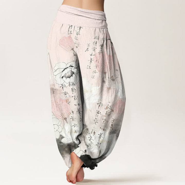 Buddha Stones Pantalones harem de mujer con cintura elástica y estampado de flores de loto en algodón puro. - image 9