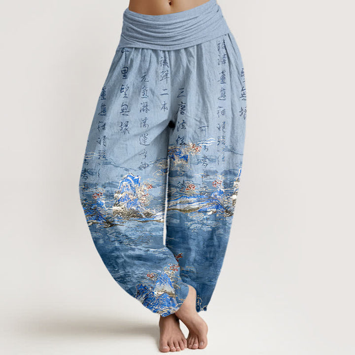 Buddha Stones Pantalones harem de algodón puro de cintura alta para mujer con estampado caligráfico degradado y paisaje. - Azul aciano - US16，UK/AU20，EU48 (3XL) - image 0