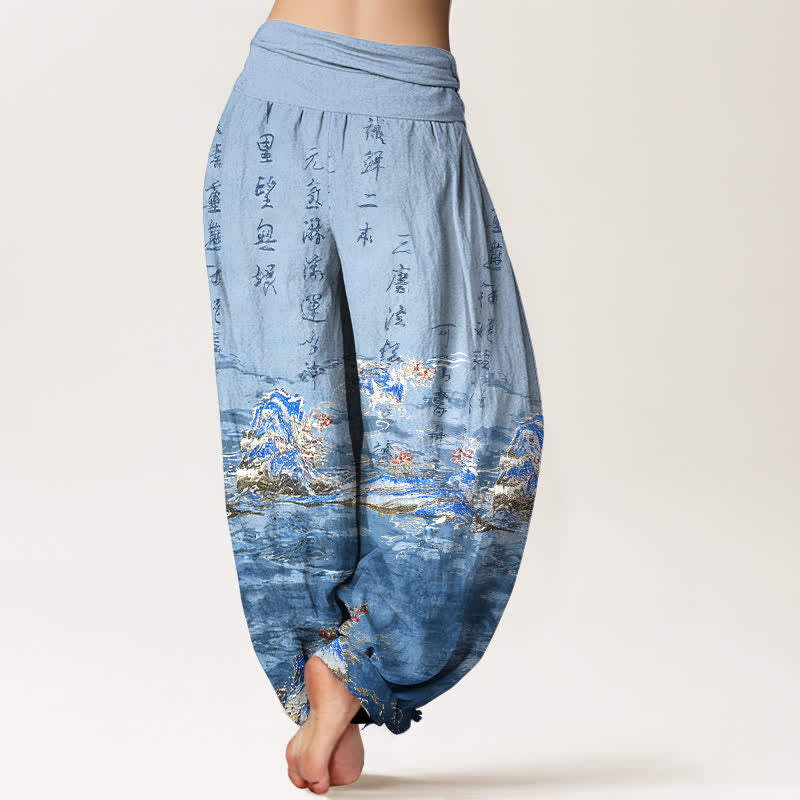 Buddha Stones Pantalones harem de algodón puro de cintura alta para mujer con estampado caligráfico degradado y paisaje. - image 1