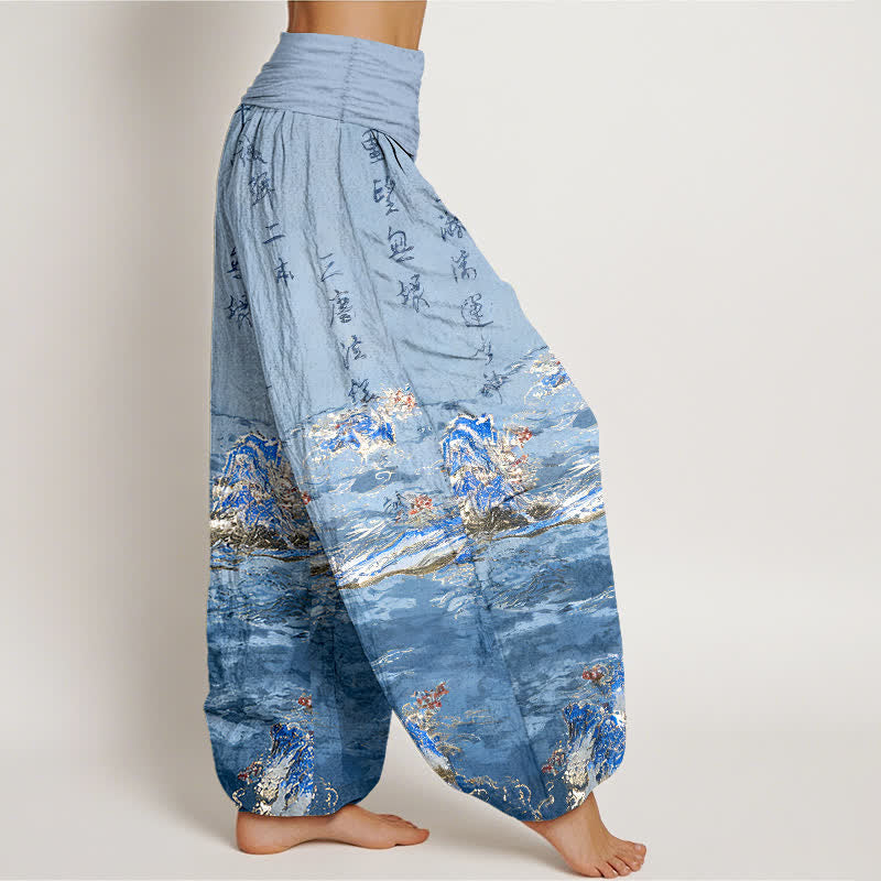 Buddha Stones Pantalones harem de algodón puro de cintura alta para mujer con estampado caligráfico degradado y paisaje. - image 2
