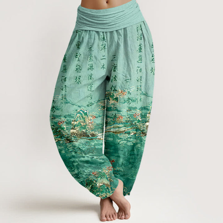 Buddha Stones Pantalones harem de algodón puro de cintura alta para mujer con estampado caligráfico degradado y paisaje. - Aguamarina medio - US16，UK/AU20，EU48 (3XL) - image 5