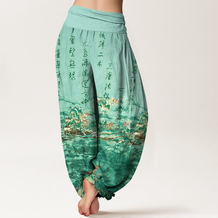 Buddha Stones Pantalones harem de algodón puro de cintura alta para mujer con estampado caligráfico degradado y paisaje. - image 6
