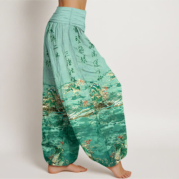 Buddha Stones Pantalones harem de algodón puro de cintura alta para mujer con estampado caligráfico degradado y paisaje. - image 7