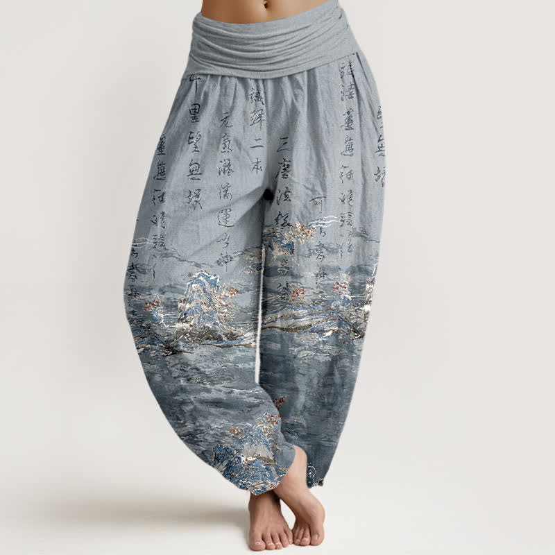 Buddha Stones Pantalones harem de algodón puro de cintura alta para mujer con estampado caligráfico degradado y paisaje. - Gris oscuro - US16，UK/AU20，EU48 (3XL) - image 8
