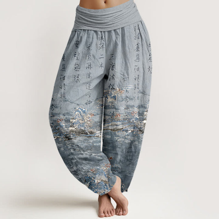 Buddha Stones Pantalones harem de algodón puro de cintura alta para mujer con estampado caligráfico degradado y paisaje. - Gris oscuro - US16，UK/AU20，EU48 (3XL) - image 8