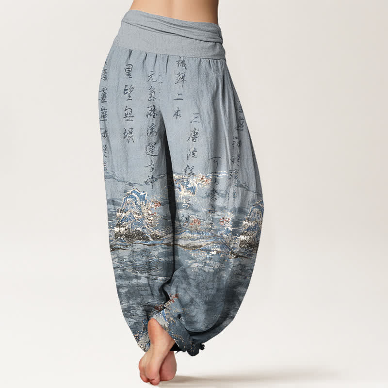 Buddha Stones Pantalones harem de algodón puro de cintura alta para mujer con estampado caligráfico degradado y paisaje. - image 9