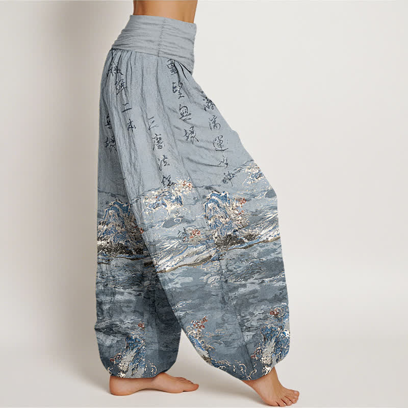 Buddha Stones Pantalones harem de algodón puro de cintura alta para mujer con estampado caligráfico degradado y paisaje. - image 10
