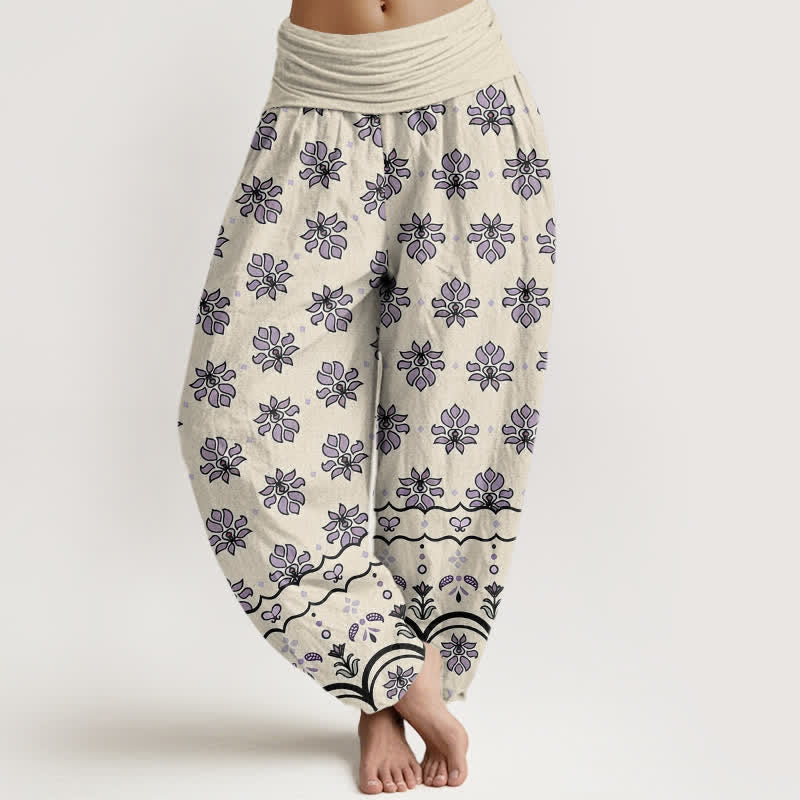 Buddha Stones Pantalones harem de mujer de algodón puro con estampado floral y cintura elástica alta. - Beige - US16，UK/AU20，EU48 (3XL) - image 5