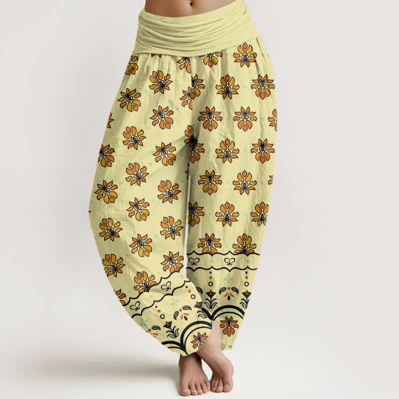 Buddha Stones Pantalones harem de mujer de algodón puro con estampado floral y cintura elástica alta. - Amarillo - US16，UK/AU20，EU48 (3XL) - image 8