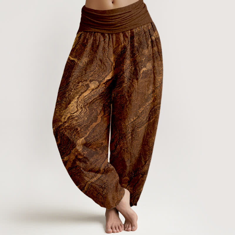 Buddha Stones Pantalones harem de algodón puro para mujer con cintura elástica alta y estampado ondulado. - Tierra de siena - US16，UK/AU20，EU48 (3XL) - image 5