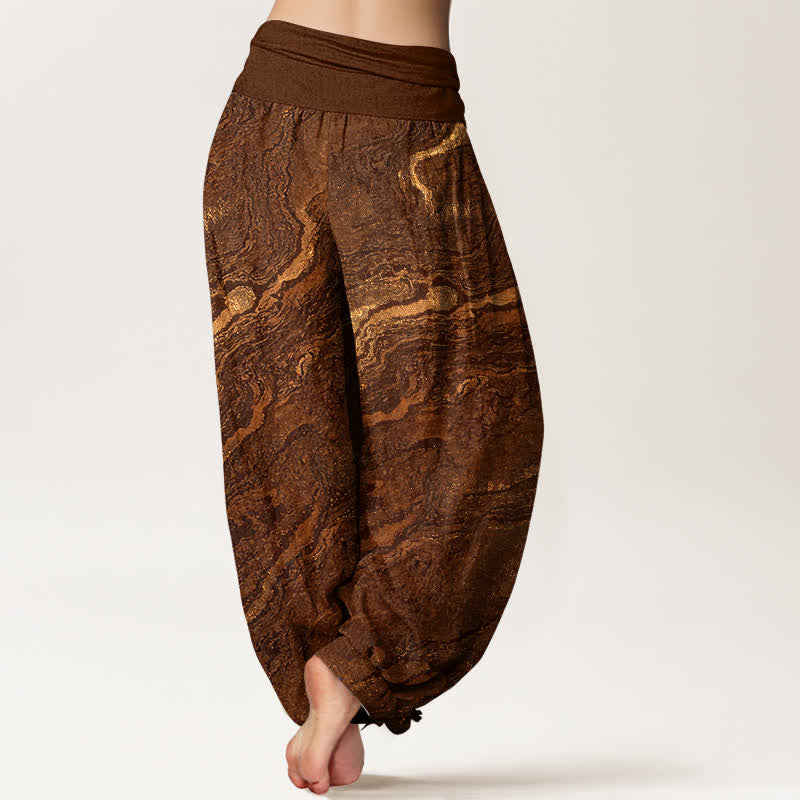 Buddha Stones Pantalones harem de algodón puro para mujer con cintura elástica alta y estampado ondulado. - image 6