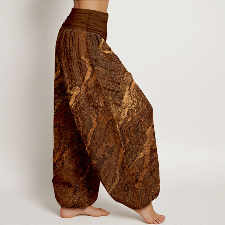 Buddha Stones Pantalones harem de algodón puro para mujer con cintura elástica alta y estampado ondulado. - image 7