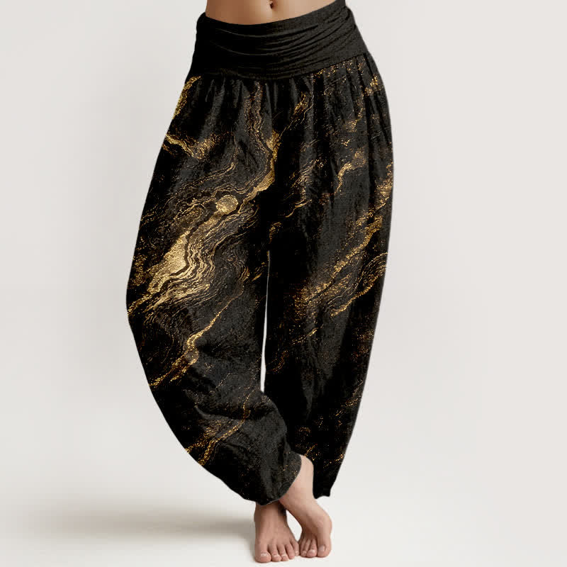 Buddha Stones Pantalones harem de algodón puro para mujer con cintura elástica alta y estampado ondulado. - Negro - US16，UK/AU20，EU48 (3XL) - image 8