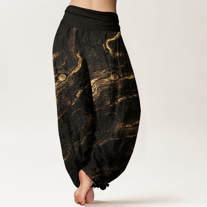Buddha Stones Pantalones harem de algodón puro para mujer con cintura elástica alta y estampado ondulado. - image 9