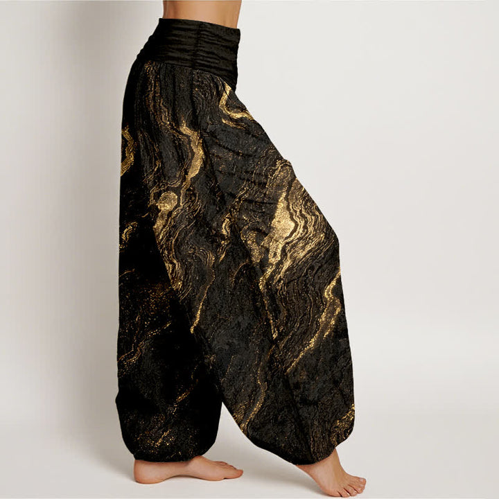 Buddha Stones Pantalones harem de algodón puro para mujer con cintura elástica alta y estampado ondulado. - image 10