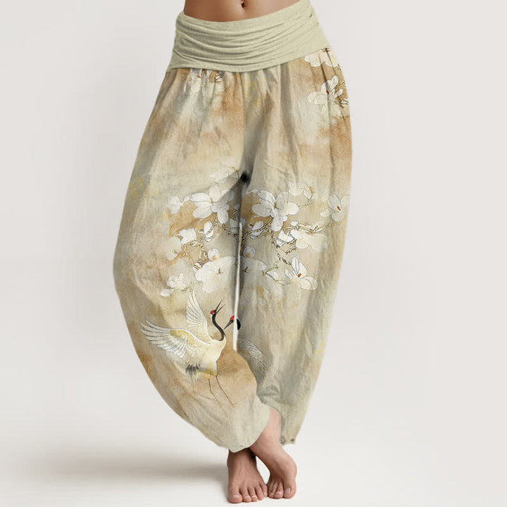 Buddha Stones Pantalones harem de algodón puro de talle alto para mujer con estampado de flores de grulla. - Limón Chiffon - US16，UK/AU20，EU48 (3XL) - image 8