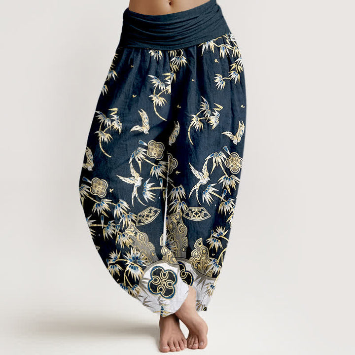 Buddha Stones Pantalones harem de algodón con estampado de bambú y pájaros para mujer, de cintura alta y elástico. - Gris pizarra oscuro - US16，UK/AU20，EU48 (3XL) - image 0