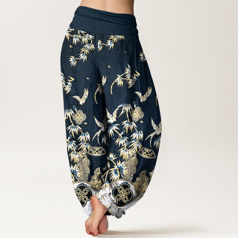 Buddha Stones Pantalones harem de algodón con estampado de bambú y pájaros para mujer, de cintura alta y elástico. - image 1