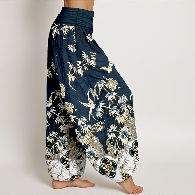 Buddha Stones Pantalones harem de algodón con estampado de bambú y pájaros para mujer, de cintura alta y elástico. - image 2