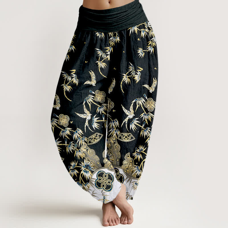 Buddha Stones Pantalones harem de algodón con estampado de bambú y pájaros para mujer, de cintura alta y elástico. - image 5