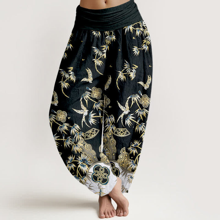Buddha Stones Pantalones harem de algodón con estampado de bambú y pájaros para mujer, de cintura alta y elástico. - image 5