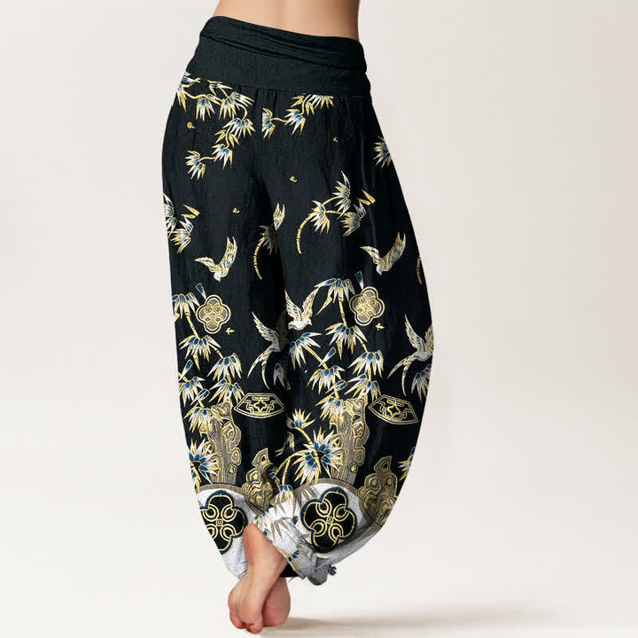 Buddha Stones Pantalones harem de algodón con estampado de bambú y pájaros para mujer, de cintura alta y elástico. - Negro - US16，UK/AU20，EU48 (3XL) - image 6