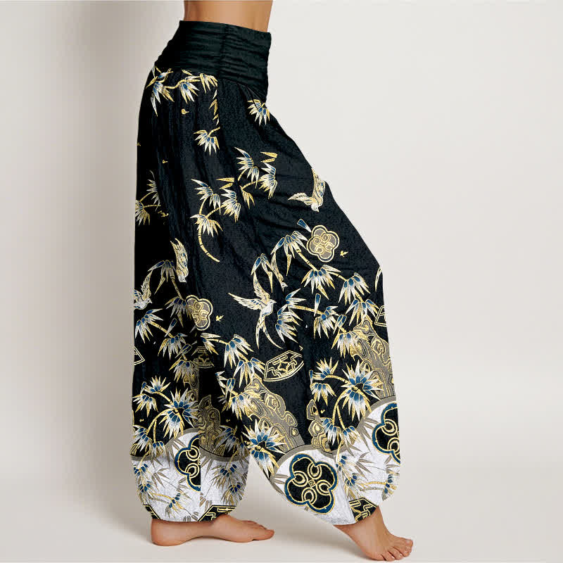 Buddha Stones Pantalones harem de algodón con estampado de bambú y pájaros para mujer, de cintura alta y elástico. - image 7