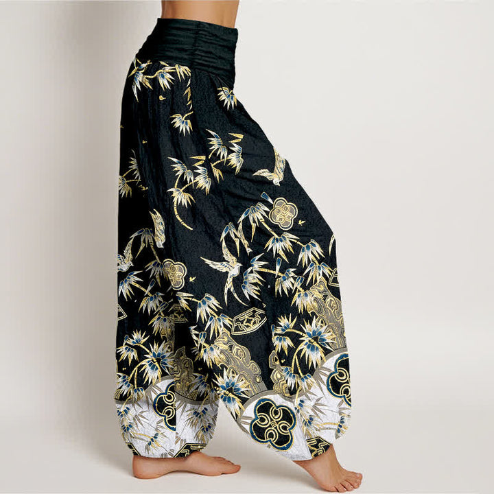 Buddha Stones Pantalones harem de algodón con estampado de bambú y pájaros para mujer, de cintura alta y elástico. - image 7