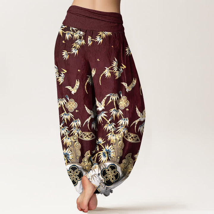 Buddha Stones Pantalones harem de algodón con estampado de bambú y pájaros para mujer, de cintura alta y elástico. - image 9
